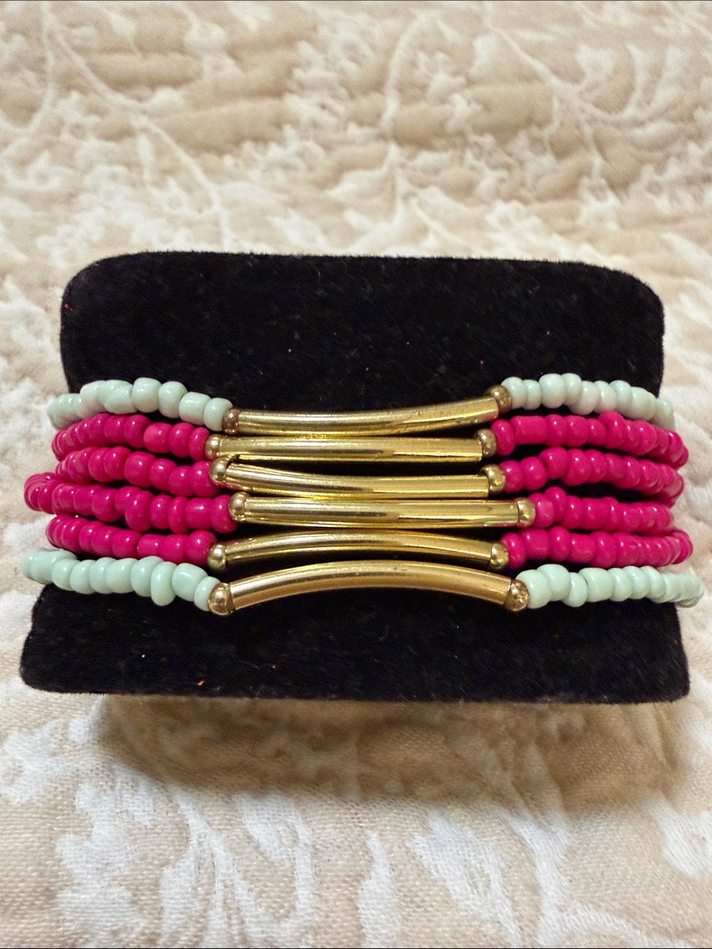Women's Pink & Mint Beaded Bracelets Set with Gold Accents